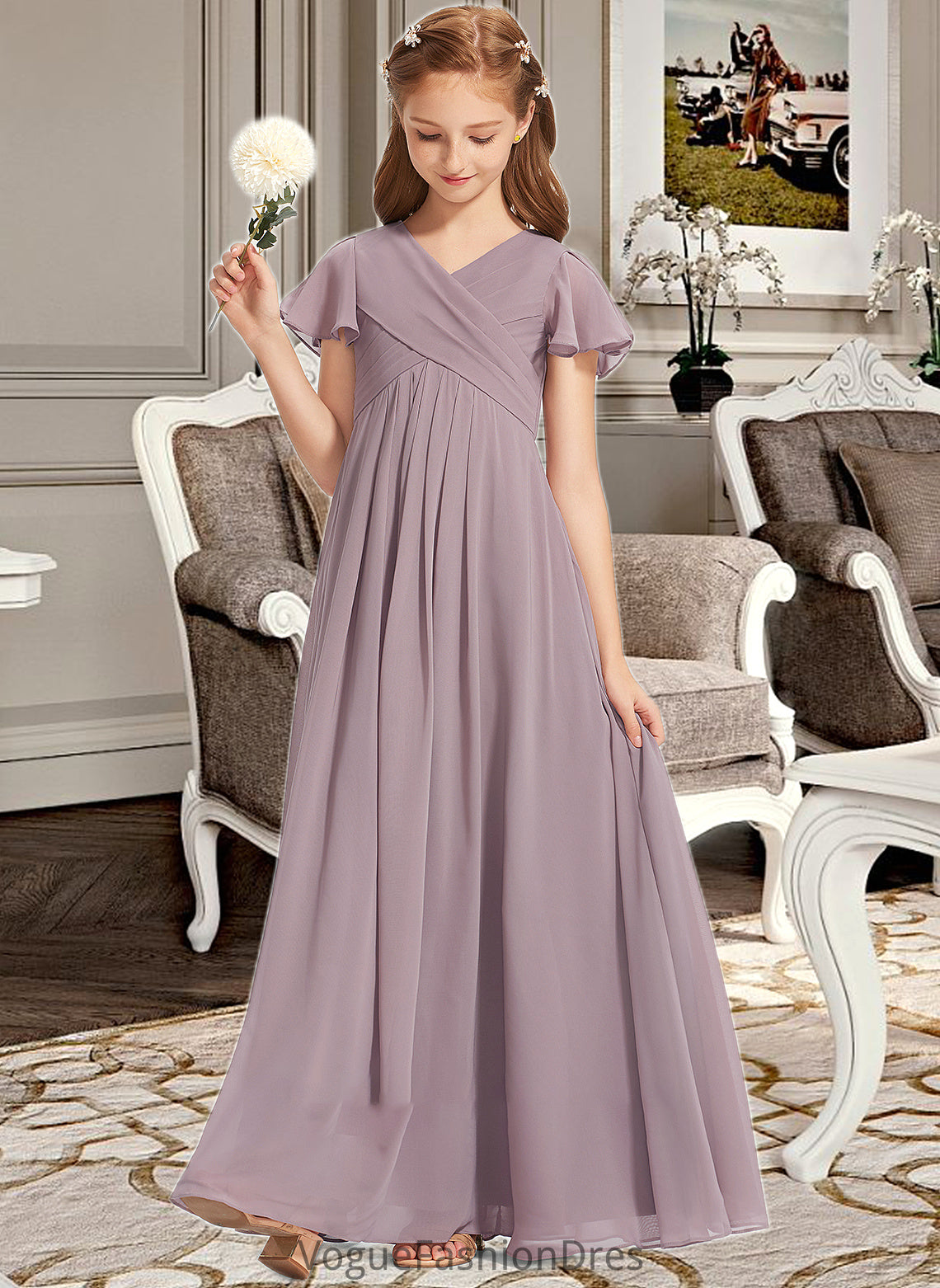 Kamryn A-Line V-neck Floor-Length Chiffon Junior Bridesmaid Dress With Ruffle DKP0013554