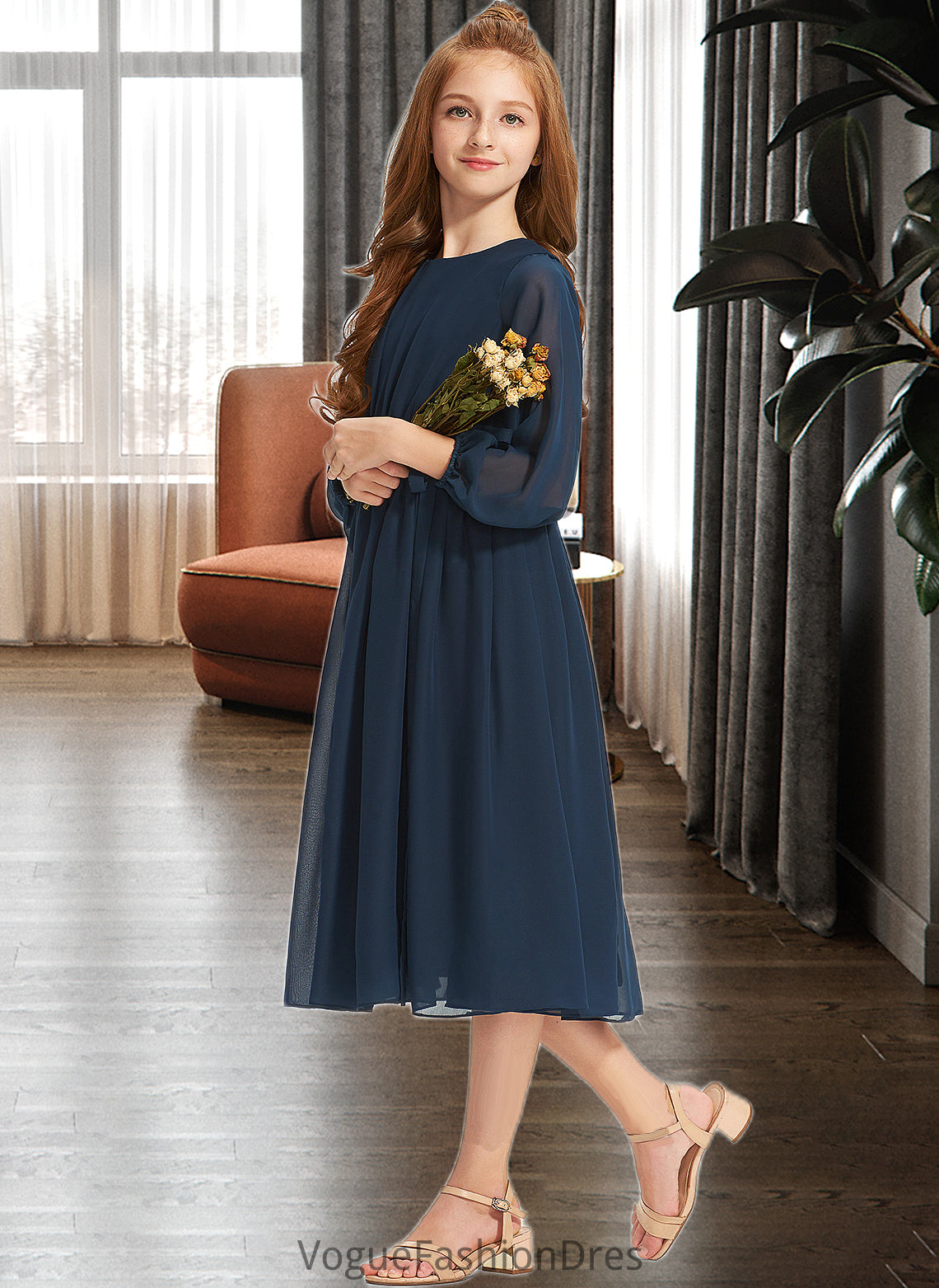 Yamilet A-Line Scoop Neck Tea-Length Chiffon Junior Bridesmaid Dress With Ruffle Bow(s) DKP0013555