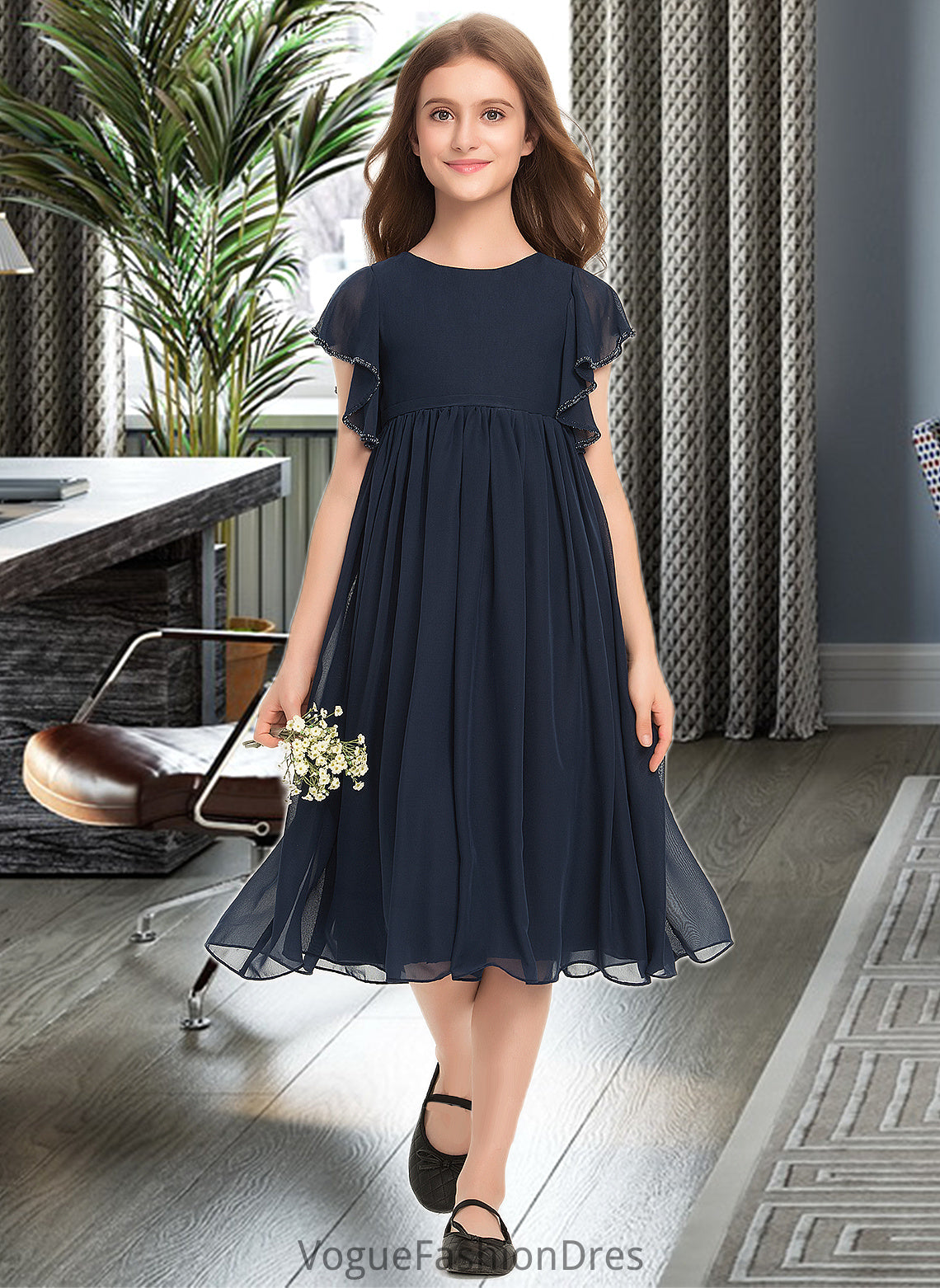 Malia A-Line Scoop Neck Knee-Length Chiffon Junior Bridesmaid Dress With Beading DKP0013556