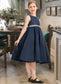 Zoie A-Line Scoop Neck Knee-Length Satin Lace Junior Bridesmaid Dress With Beading Bow(s) DKP0013559