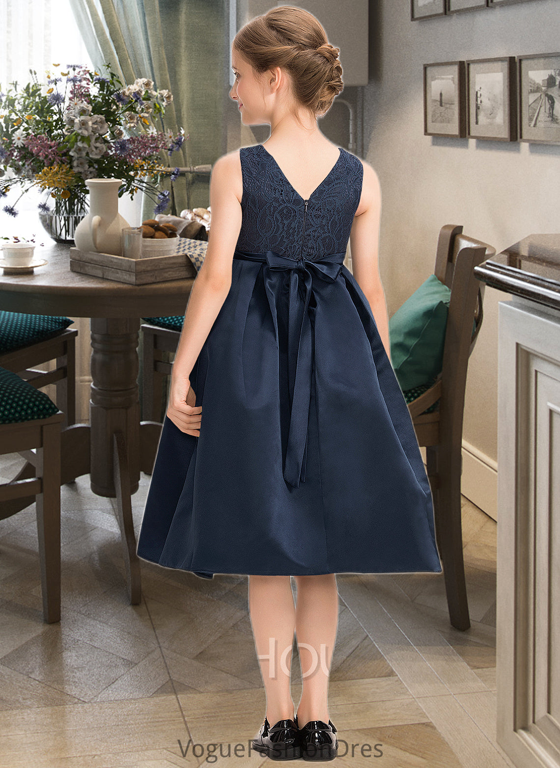 Zoie A-Line Scoop Neck Knee-Length Satin Lace Junior Bridesmaid Dress With Beading Bow(s) DKP0013559