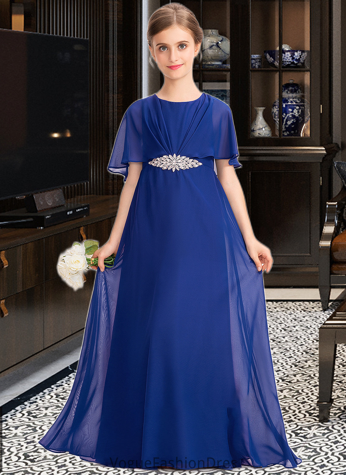 Elise A-Line Scoop Neck Floor-Length Chiffon Junior Bridesmaid Dress With Ruffle Beading DKP0013560