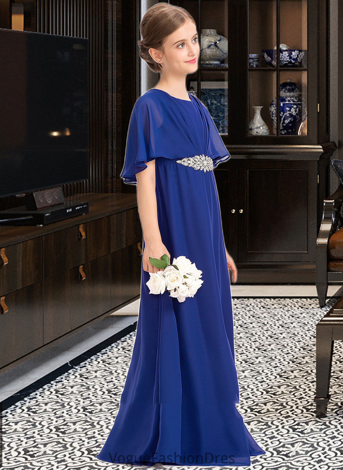 Elise A-Line Scoop Neck Floor-Length Chiffon Junior Bridesmaid Dress With Ruffle Beading DKP0013560