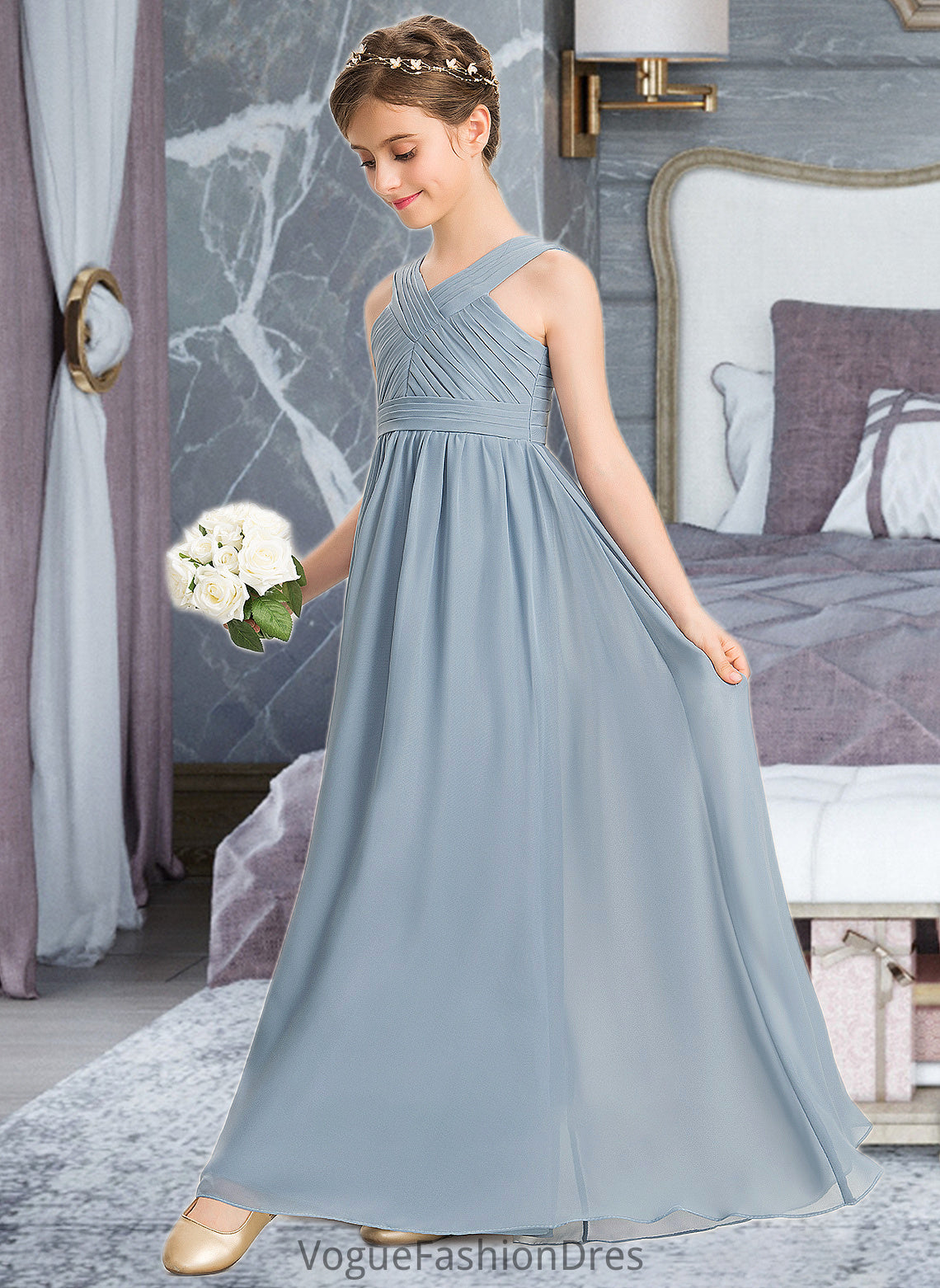 Monique A-Line V-neck Floor-Length Chiffon Junior Bridesmaid Dress With Ruffle DKP0013561