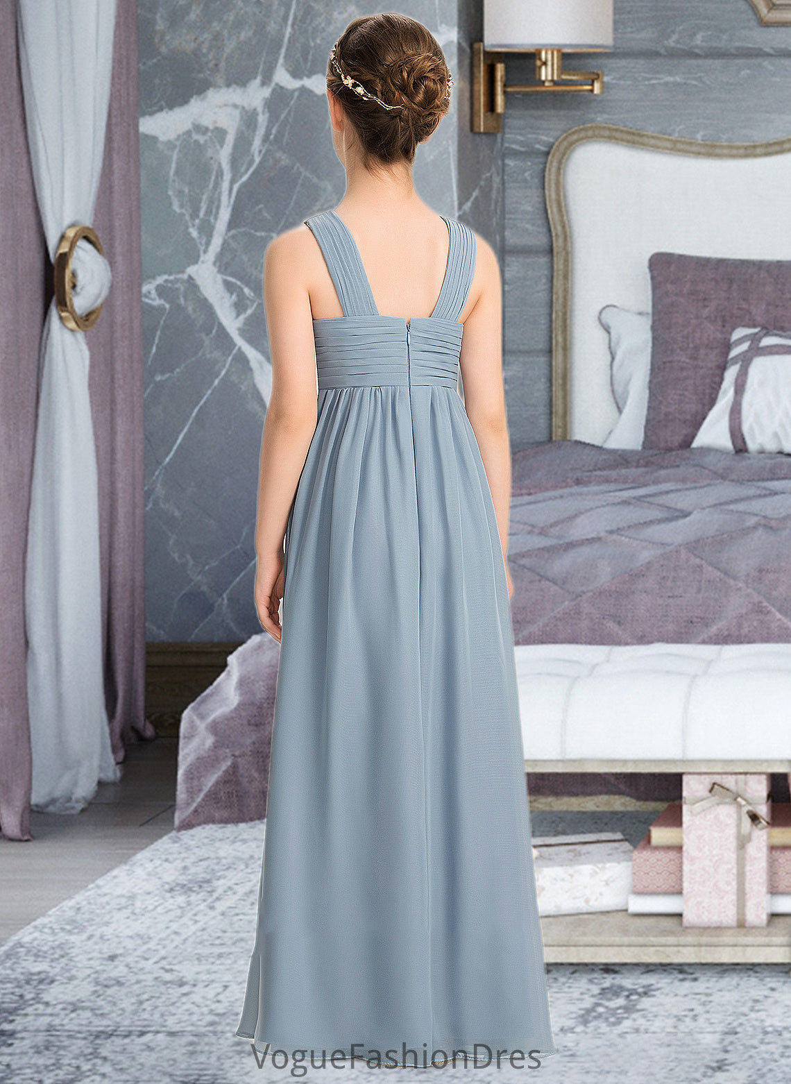 Monique A-Line V-neck Floor-Length Chiffon Junior Bridesmaid Dress With Ruffle DKP0013561