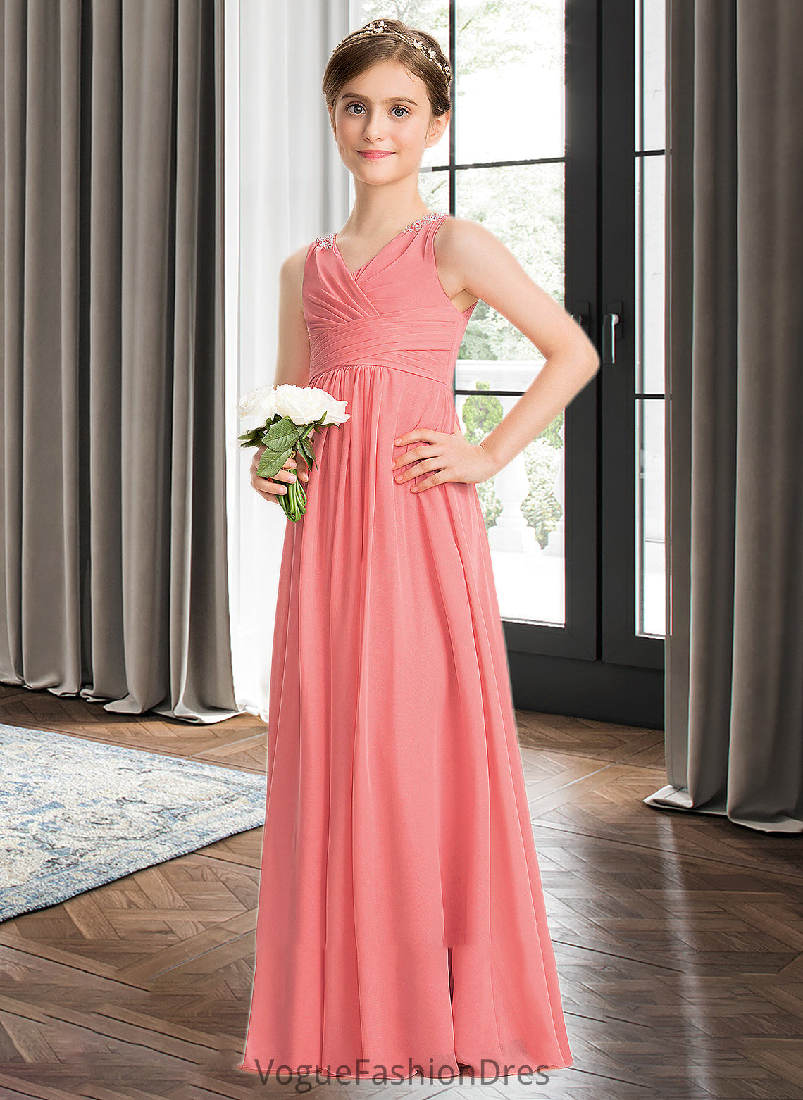 Jamie EmpireV-neckFloor-LengthChiffonJuniorBridesmaidDressWithRuffleBeadingSequins#173291 DKP0013562