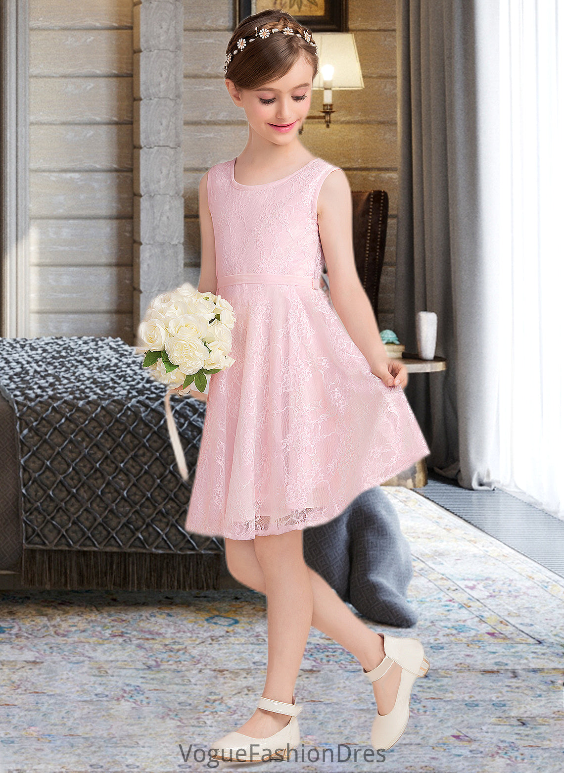 Justine A-Line Scoop Neck Knee-Length Lace Junior Bridesmaid Dress With Sash Bow(s) DKP0013563