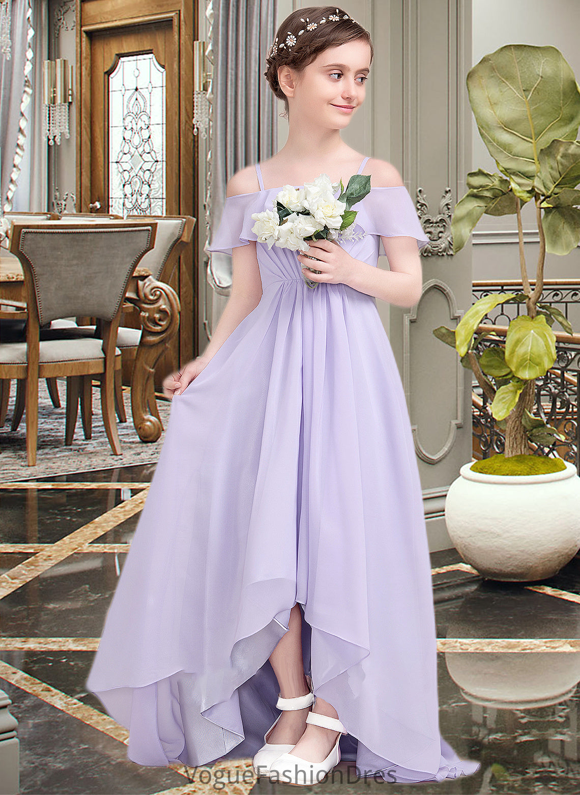 Halle A-Line Off-the-Shoulder Asymmetrical Chiffon Junior Bridesmaid Dress With Cascading Ruffles DKP0013566