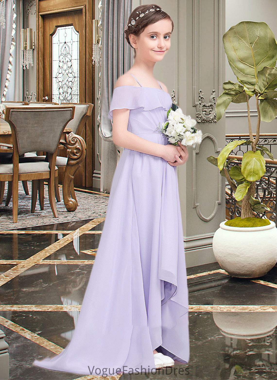 Halle A-Line Off-the-Shoulder Asymmetrical Chiffon Junior Bridesmaid Dress With Cascading Ruffles DKP0013566