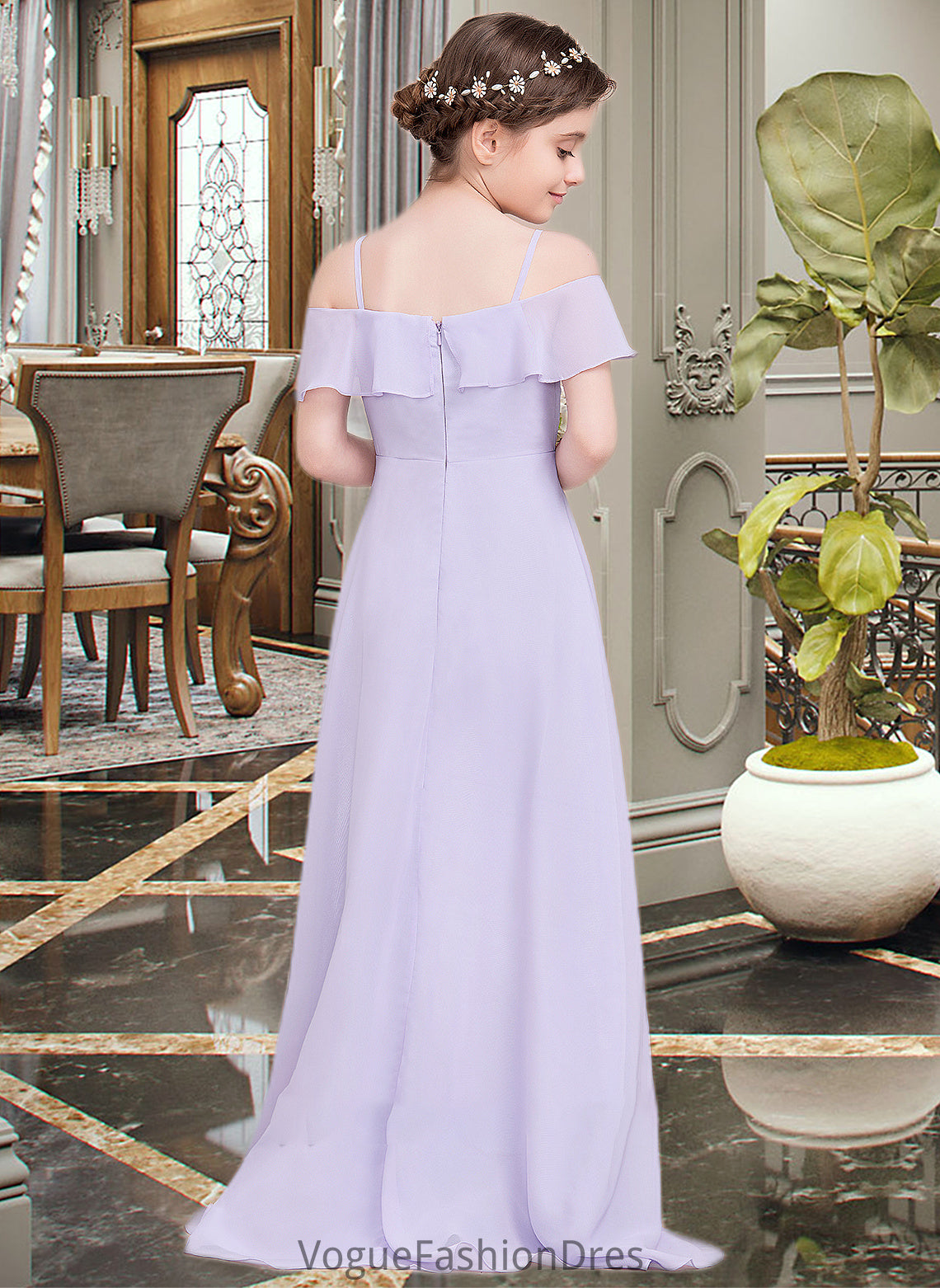 Halle A-Line Off-the-Shoulder Asymmetrical Chiffon Junior Bridesmaid Dress With Cascading Ruffles DKP0013566