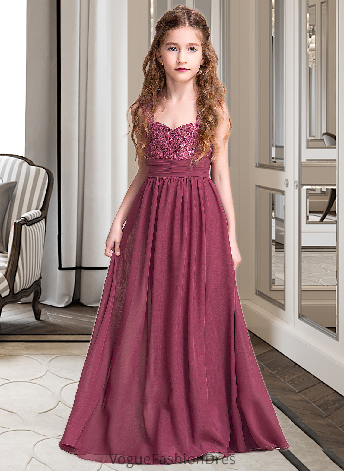 Lucinda A-Line Sweetheart Floor-Length Chiffon Junior Bridesmaid Dress With Ruffle DKP0013568