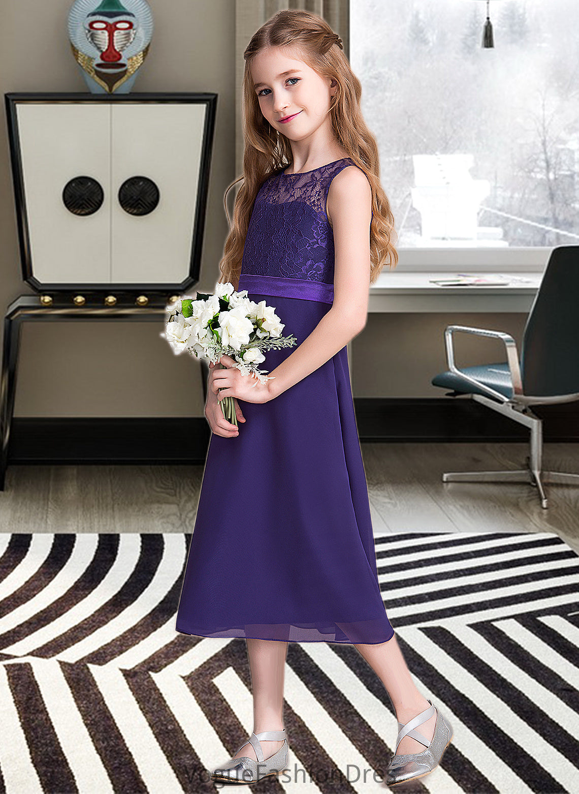 Dulce A-Line Scoop Neck Tea-Length Chiffon Junior Bridesmaid Dress DKP0013569