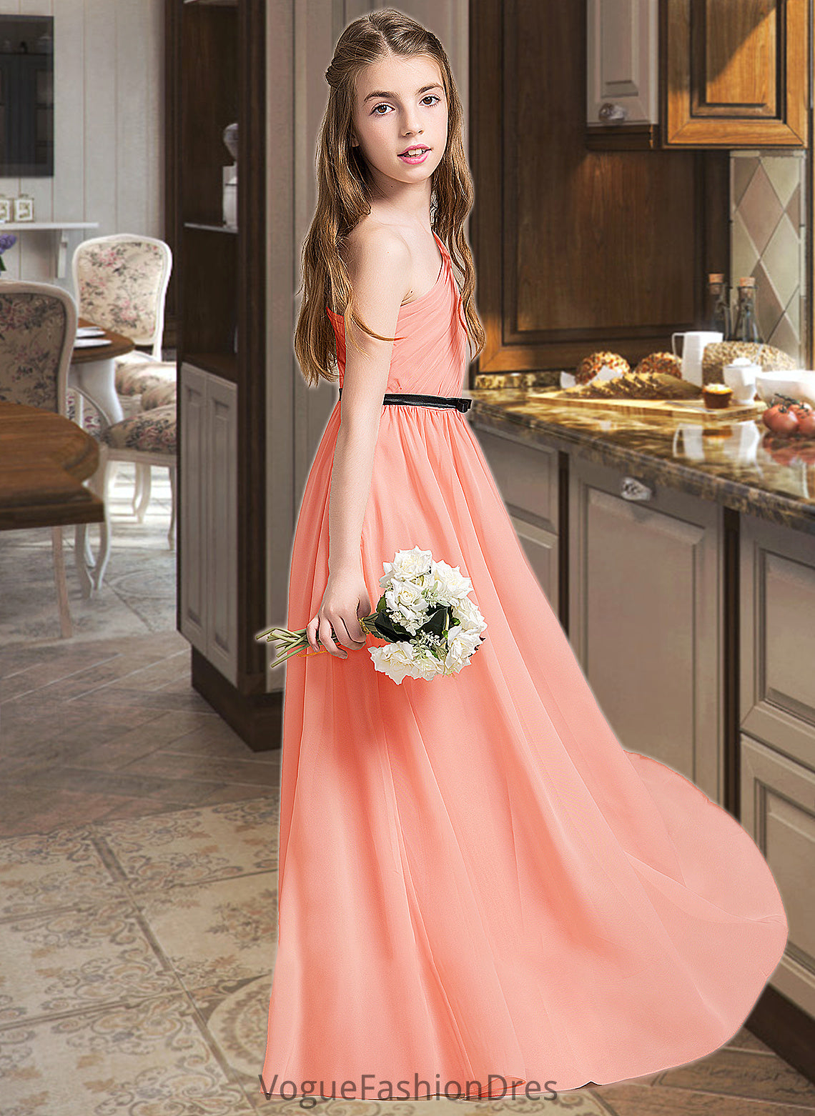 Natalya A-Line One-Shoulder Floor-Length Chiffon Junior Bridesmaid Dress With Ruffle Bow(s) DKP0013570