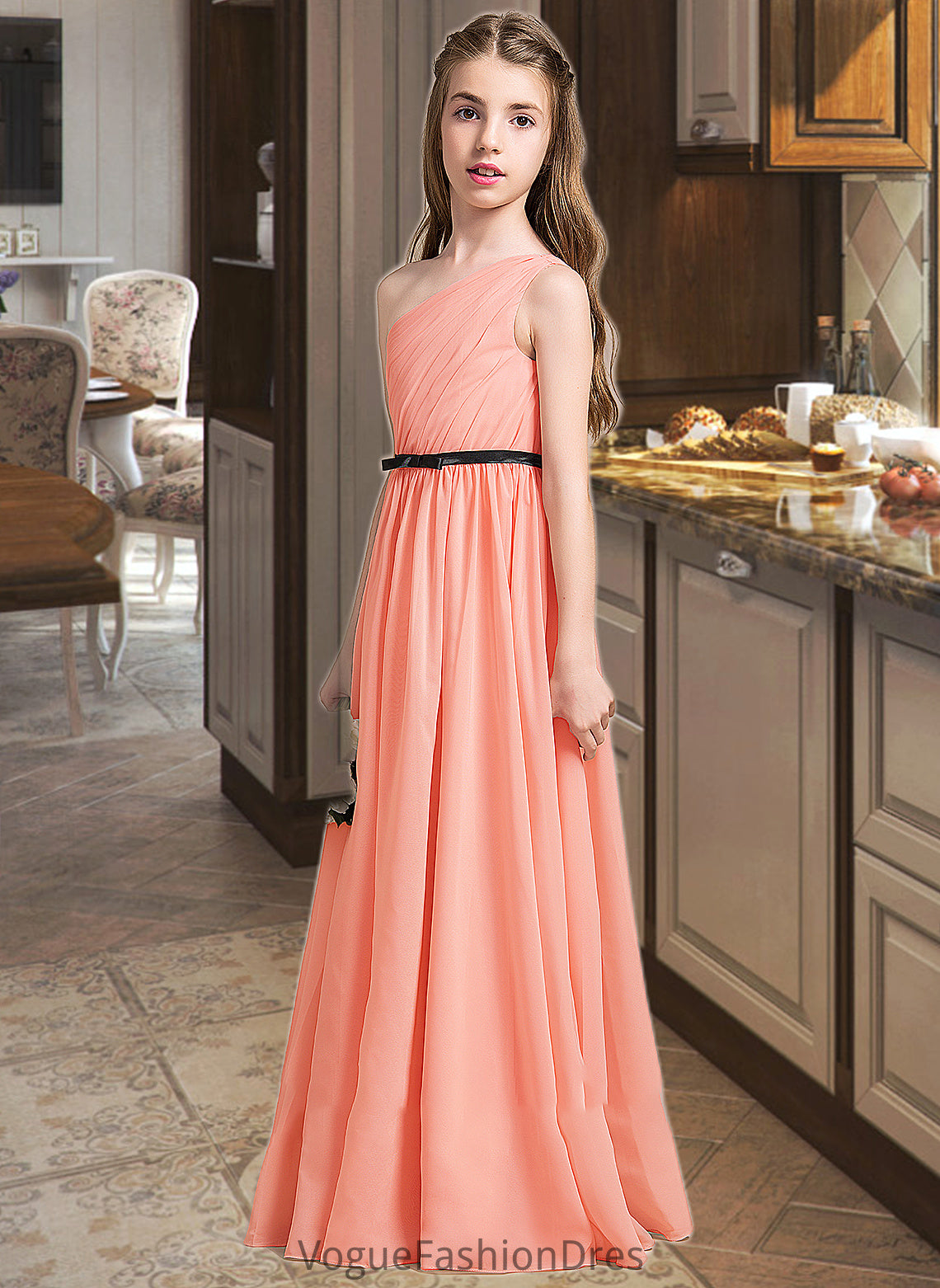 Natalya A-Line One-Shoulder Floor-Length Chiffon Junior Bridesmaid Dress With Ruffle Bow(s) DKP0013570