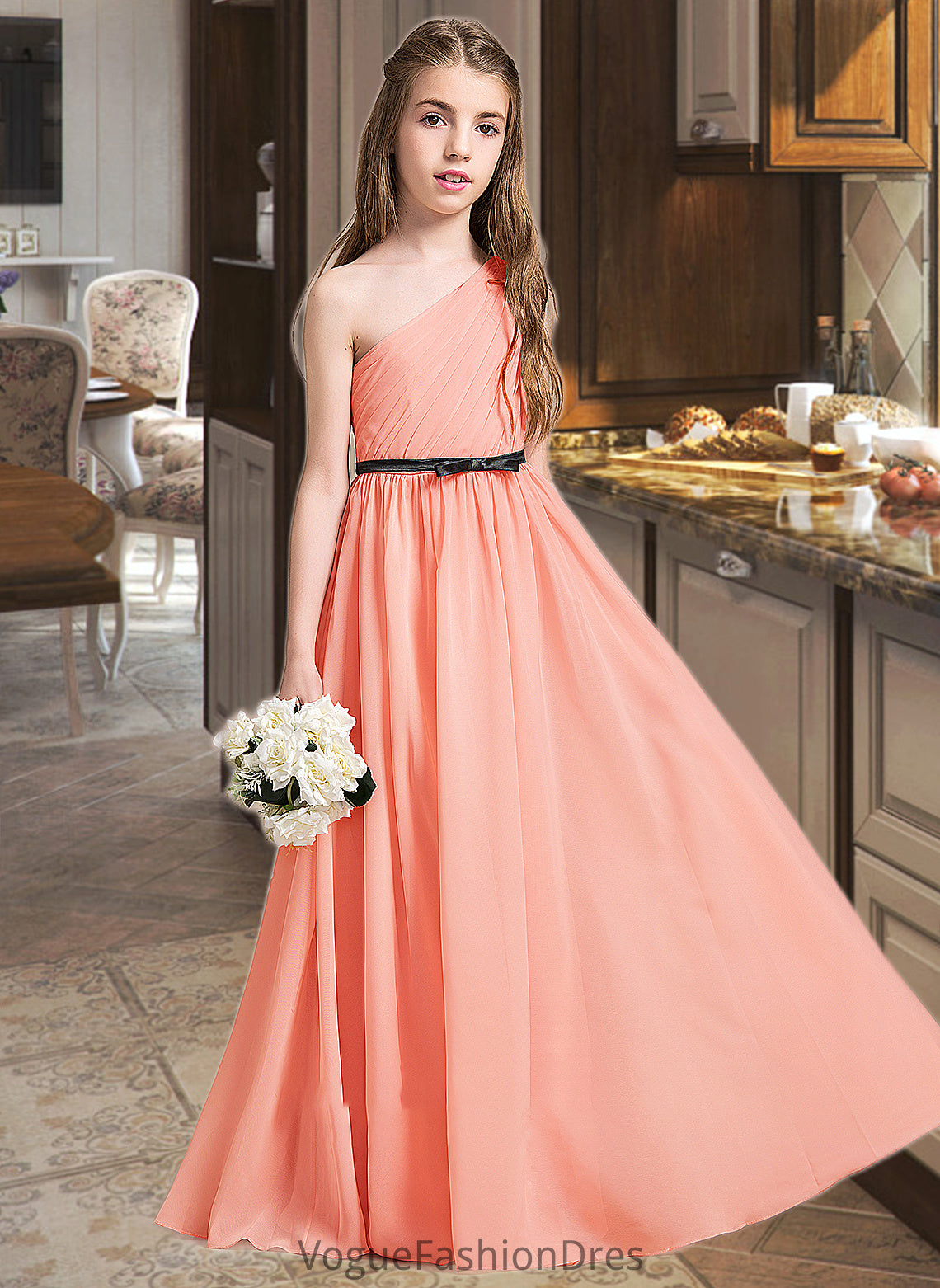 Natalya A-Line One-Shoulder Floor-Length Chiffon Junior Bridesmaid Dress With Ruffle Bow(s) DKP0013570