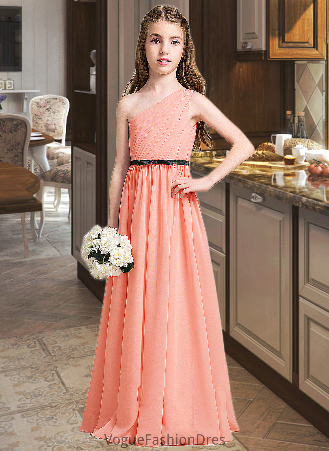 Natalya A-Line One-Shoulder Floor-Length Chiffon Junior Bridesmaid Dress With Ruffle Bow(s) DKP0013570