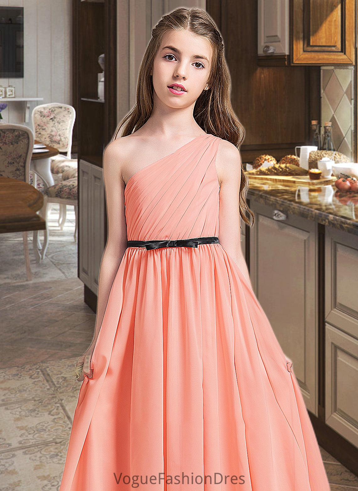 Natalya A-Line One-Shoulder Floor-Length Chiffon Junior Bridesmaid Dress With Ruffle Bow(s) DKP0013570