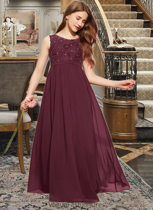 Marie A-Line Scoop Neck Floor-Length Chiffon Lace Junior Bridesmaid Dress With Beading Sequins DKP0013572