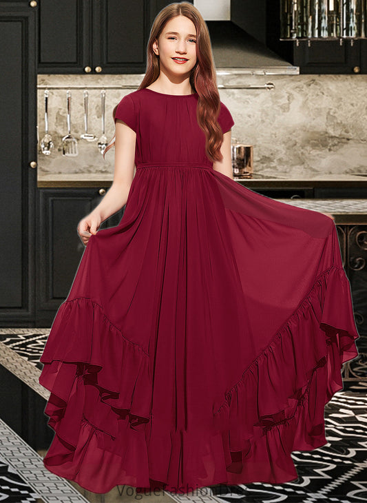 Gabrielle A-Line Scoop Neck Floor-Length Chiffon Junior Bridesmaid Dress With Appliques Lace Bow(s) Cascading Ruffles DKP0013573