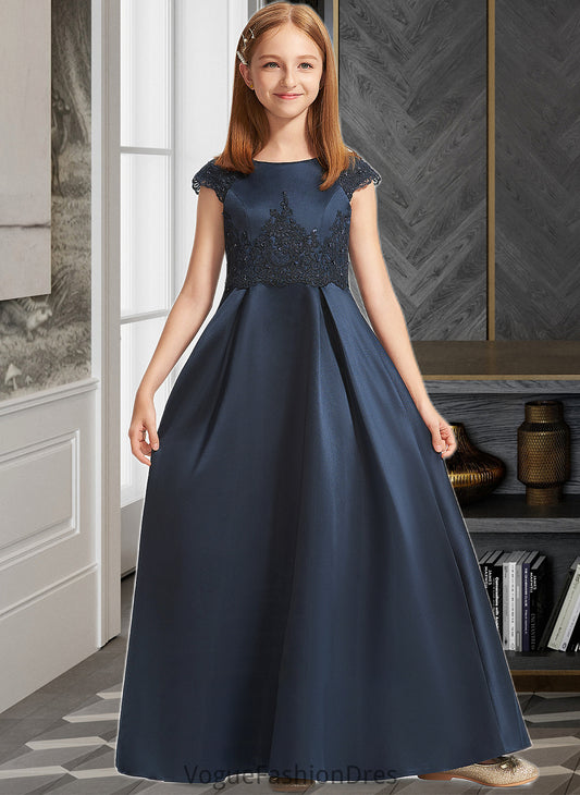 Nyasia A-Line Scoop Neck Floor-Length Satin Lace Junior Bridesmaid Dress With Beading Sequins Bow(s) DKP0013574