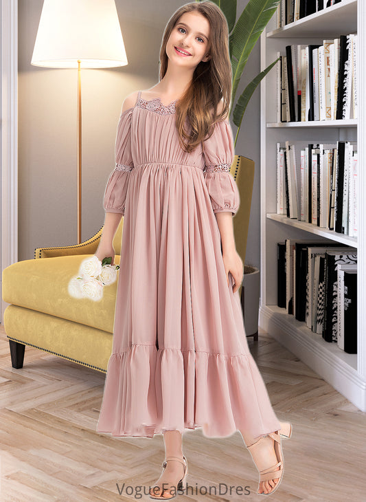 Alina A-Line Square Neckline Ankle-Length Chiffon Junior Bridesmaid Dress With Ruffle Lace DKP0013575