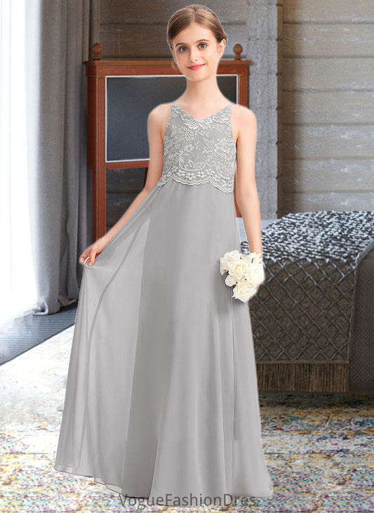 Lauryn A-Line V-neck Floor-Length Chiffon Lace Junior Bridesmaid Dress DKP0013579