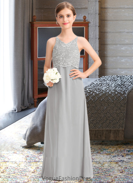 Lauryn A-Line V-neck Floor-Length Chiffon Lace Junior Bridesmaid Dress DKP0013579