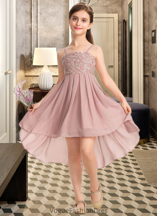 Caylee A-Line Square Neckline Asymmetrical Chiffon Lace Junior Bridesmaid Dress DKP0013580