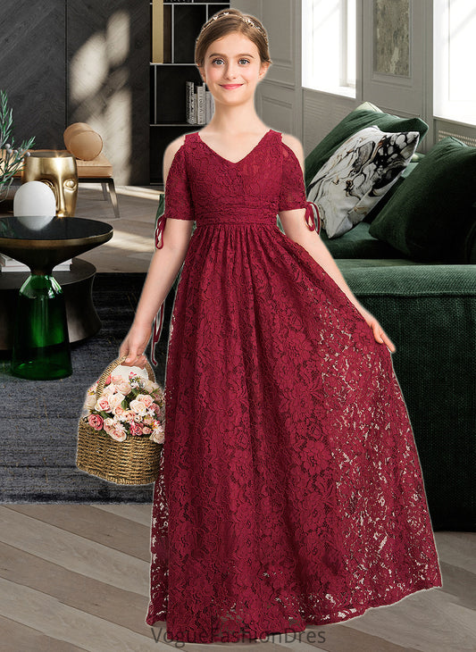 Arabella A-Line V-neck Floor-Length Lace Junior Bridesmaid Dress With Ruffle Bow(s) DKP0013581