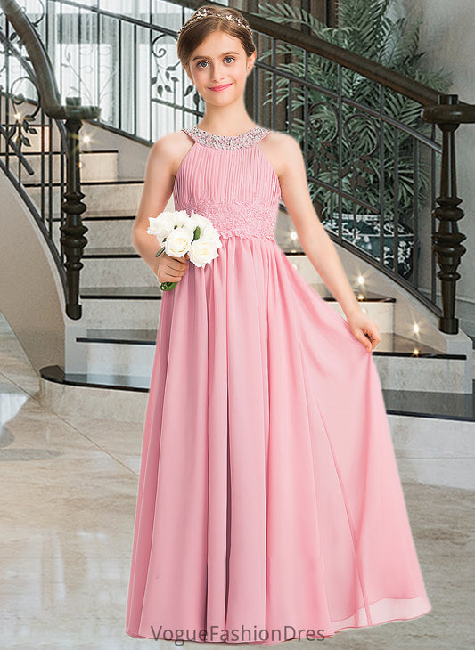 Wendy A-Line Scoop Neck Floor-Length Chiffon Lace Junior Bridesmaid Dress With Ruffle Beading Sequins DKP0013582