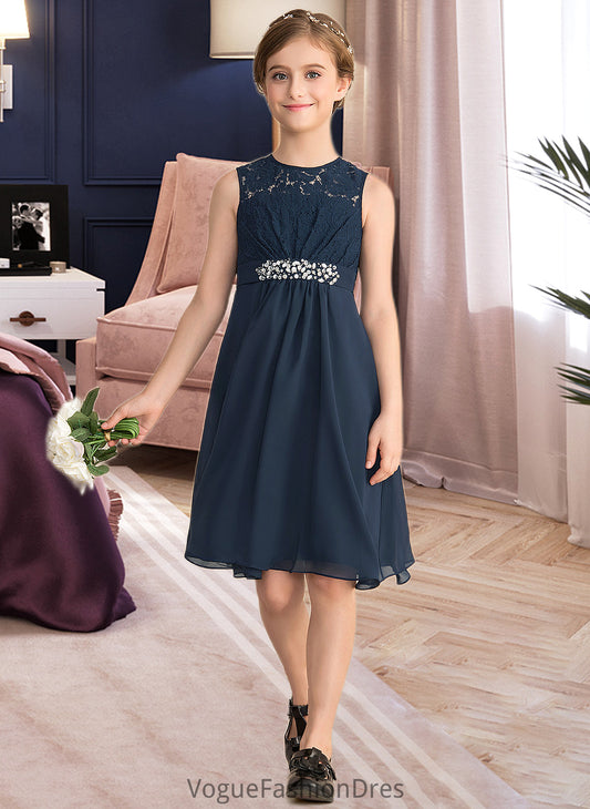 Abril A-Line Scoop Neck Knee-Length Chiffon Lace Junior Bridesmaid Dress With Beading Sequins Bow(s) DKP0013583