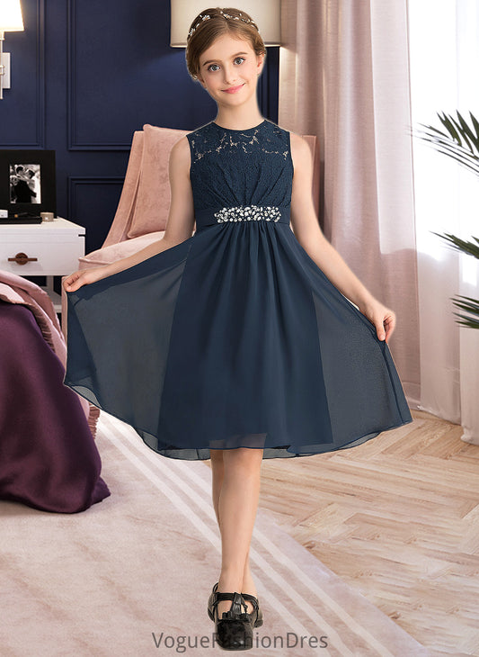 Abril A-Line Scoop Neck Knee-Length Chiffon Lace Junior Bridesmaid Dress With Beading Sequins Bow(s) DKP0013583