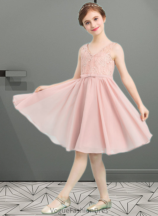 Jocelynn A-Line V-neck Knee-Length Chiffon Junior Bridesmaid Dress With Bow(s) DKP0013586