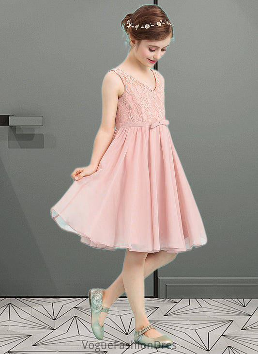 Jocelynn A-Line V-neck Knee-Length Chiffon Junior Bridesmaid Dress With Bow(s) DKP0013586