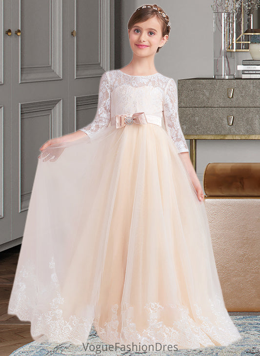 Paula Ball-Gown/Princess Scoop Neck Floor-Length Tulle Lace Junior Bridesmaid Dress With Sash Beading Bow(s) DKP0013589