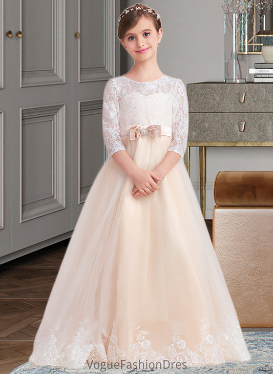 Paula Ball-Gown/Princess Scoop Neck Floor-Length Tulle Lace Junior Bridesmaid Dress With Sash Beading Bow(s) DKP0013589