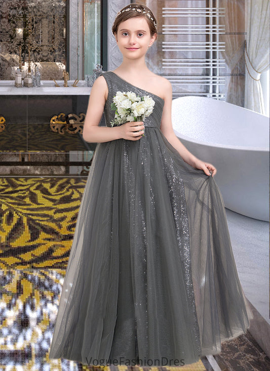 Scarlet A-Line One-Shoulder Floor-Length Tulle Sequined Junior Bridesmaid Dress With Ruffle DKP0013592