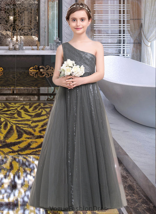 Scarlet A-Line One-Shoulder Floor-Length Tulle Sequined Junior Bridesmaid Dress With Ruffle DKP0013592