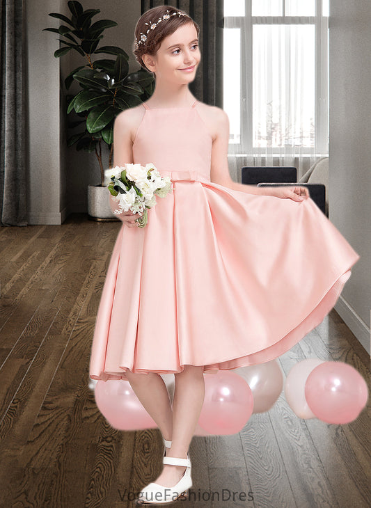 Sophronia A-Line Square Neckline Knee-Length Satin Junior Bridesmaid Dress With Bow(s) DKP0013593