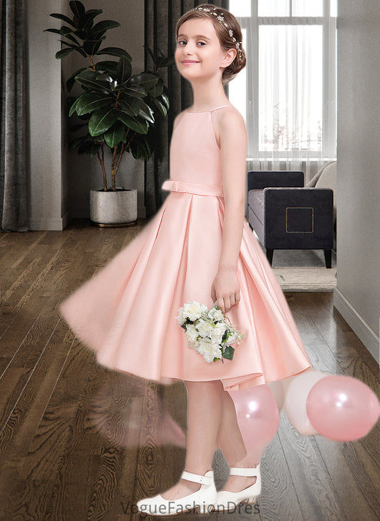 Sophronia A-Line Square Neckline Knee-Length Satin Junior Bridesmaid Dress With Bow(s) DKP0013593