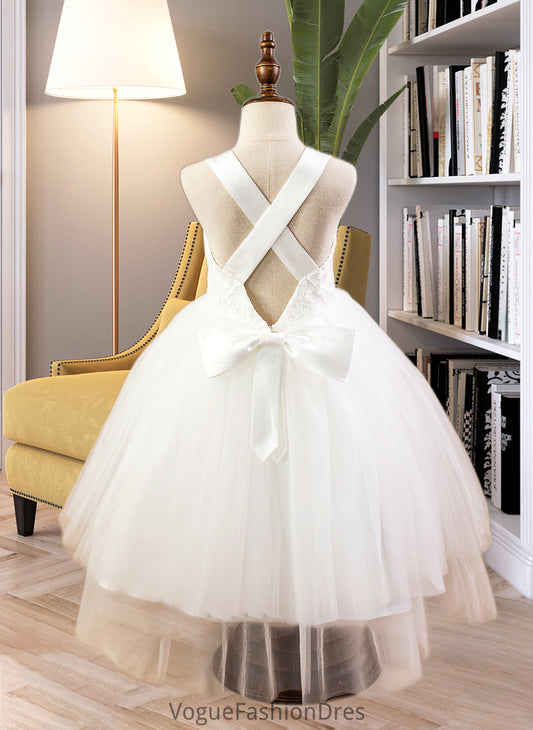 Jasmine Ball-Gown/Princess Sweetheart Tea-Length Satin Tulle Lace Junior Bridesmaid Dress With Bow(s) DKP0013597