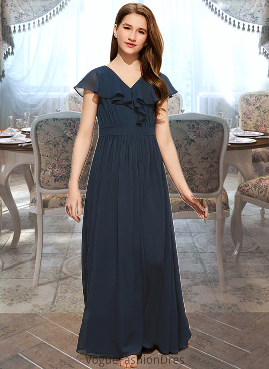 Brooklynn A-Line V-neck Floor-Length Chiffon Junior Bridesmaid Dress With Bow(s) Cascading Ruffles DKP0013599