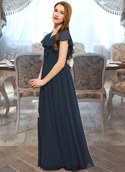 Brooklynn A-Line V-neck Floor-Length Chiffon Junior Bridesmaid Dress With Bow(s) Cascading Ruffles DKP0013599