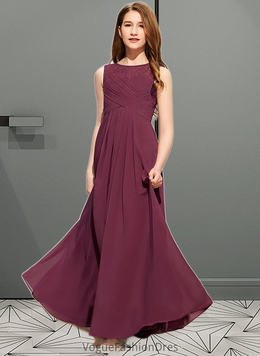 Joyce A-Line Scoop Neck Floor-Length Chiffon Lace Junior Bridesmaid Dress With Ruffle Bow(s) DKP0013600