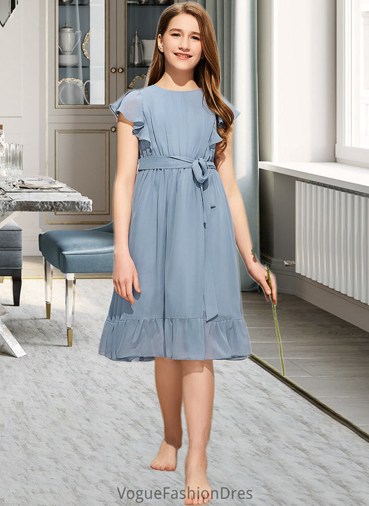 Jazlyn A-Line Scoop Neck Knee-Length Chiffon Junior Bridesmaid Dress With Bow(s) Cascading Ruffles DKP0013601