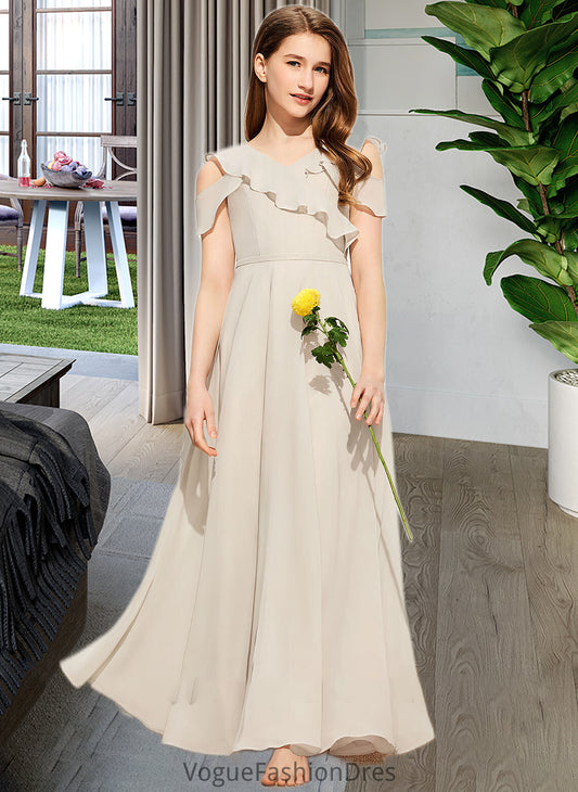 Justine A-Line V-neck Floor-Length Chiffon Junior Bridesmaid Dress With Cascading Ruffles DKP0013603