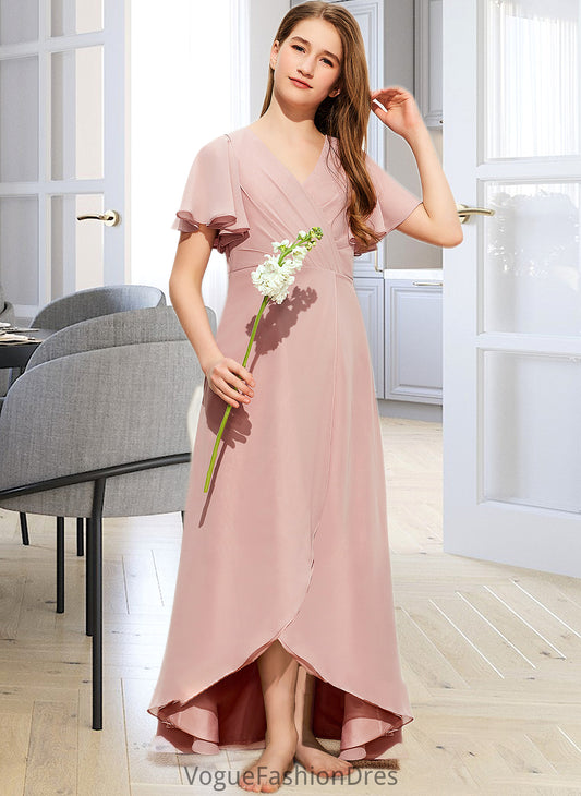 Kianna A-Line V-neck Asymmetrical Chiffon Junior Bridesmaid Dress With Ruffle DKP0013604