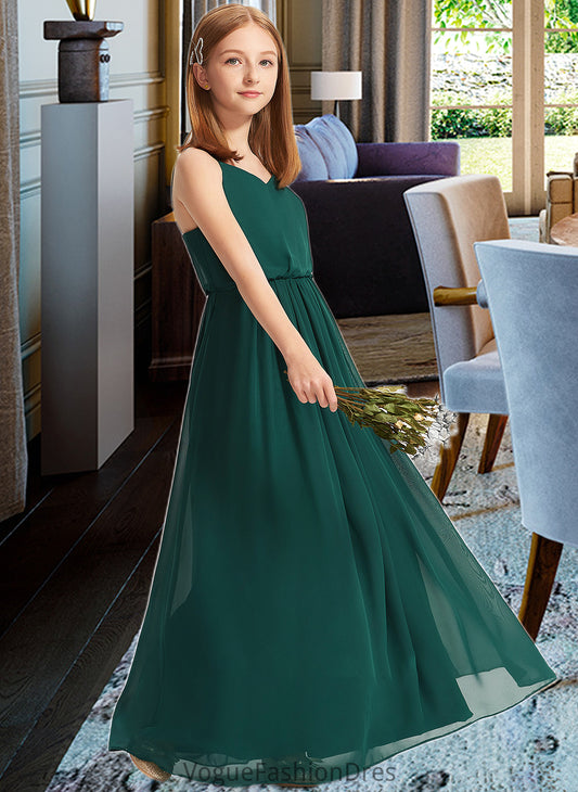 Cameron A-Line V-neck Floor-Length Chiffon Junior Bridesmaid Dress With Ruffle DKP0013606