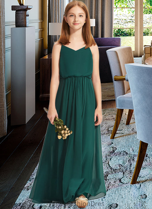 Cameron A-Line V-neck Floor-Length Chiffon Junior Bridesmaid Dress With Ruffle DKP0013606