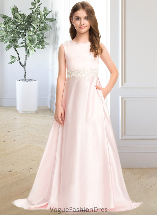 Miya A-Line Scoop Neck Sweep Train Satin Lace Junior Bridesmaid Dress With Bow(s) Pockets DKP0013609